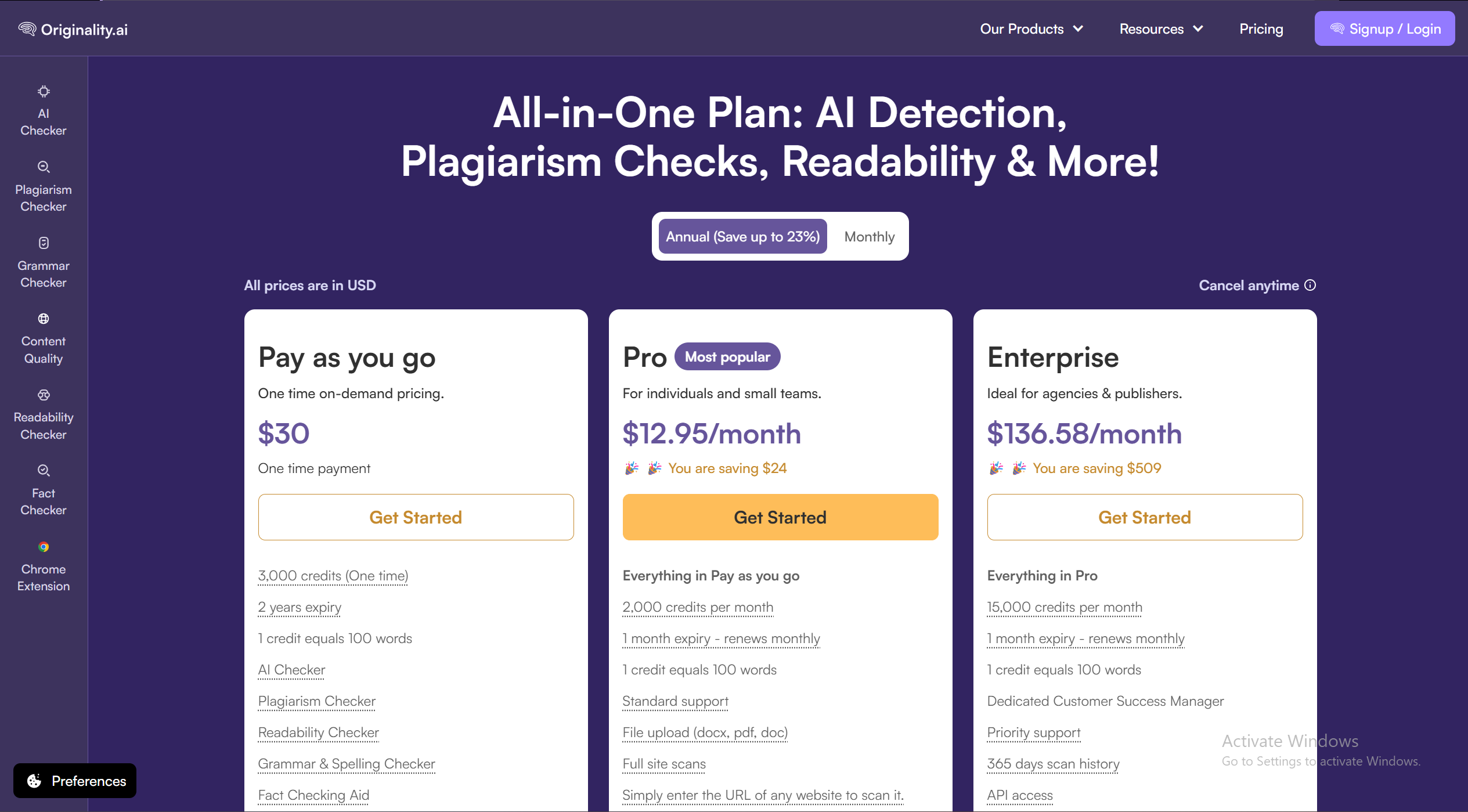 Тарифні плани Originality.ai — 2026